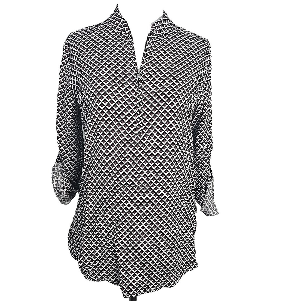 United Colors Of Benetton Women's Geo Viscose Zipper Front Tab Sleeve Blouse S